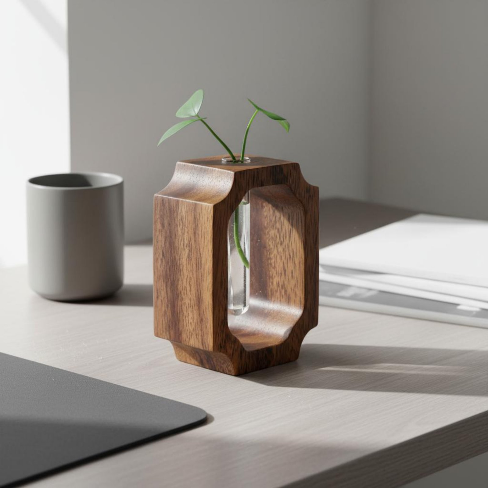 Propagation Station Vase - クルミ材の花瓶、お手入れ簡単、試験管型花瓶、水耕栽培用フラワーホルダー、モダンデザイン、繁殖ステーション、耐湿性