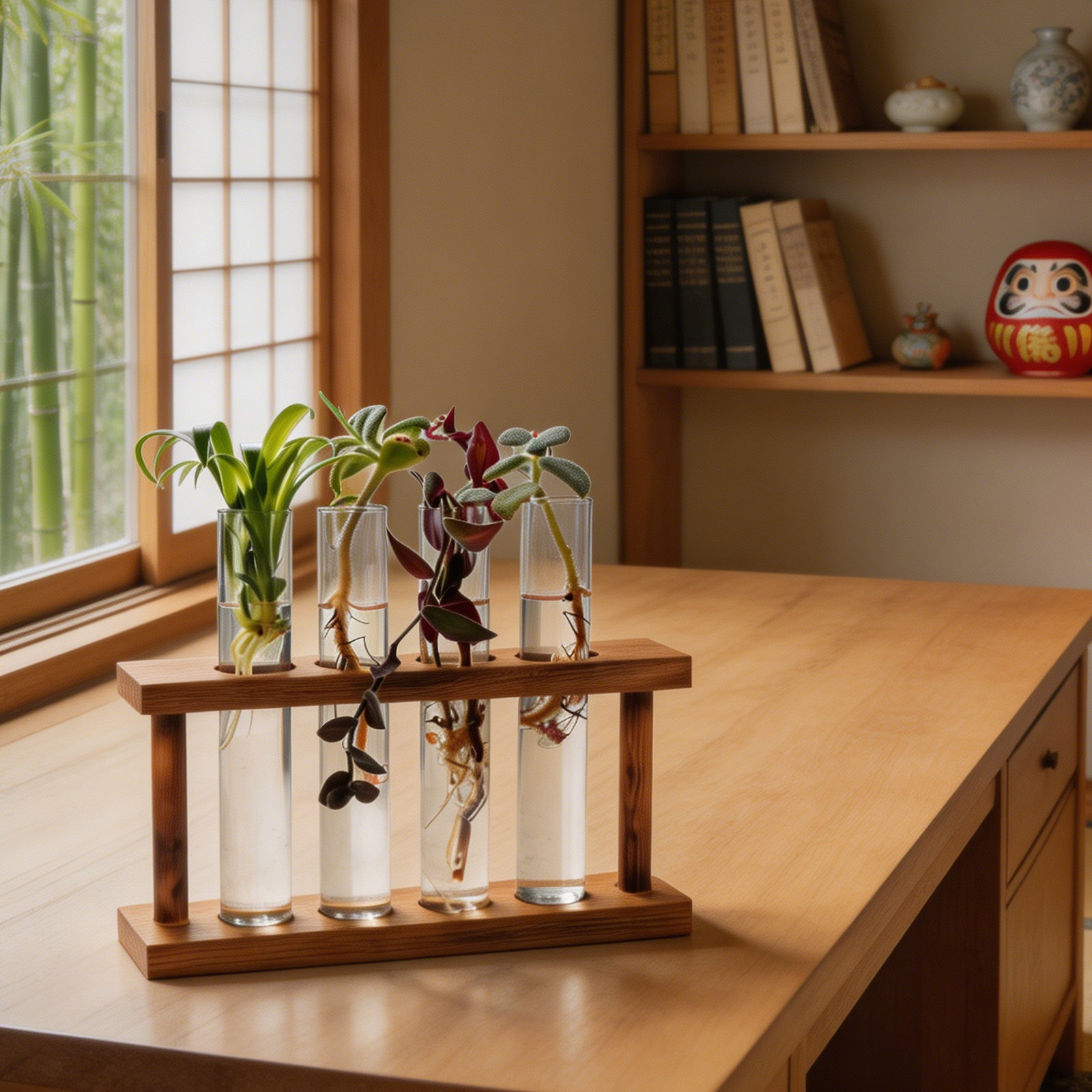 Propagation Station Vase - 木製植物繁殖ステーション、ガラス試験管花瓶ホルダー付き、素朴な水耕栽培ディスプレイスタンド、デスクトップ屋内庭園用