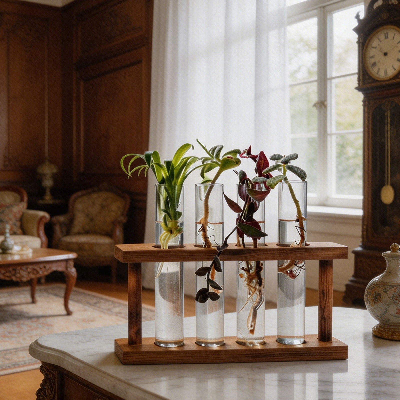 木製植物繁殖ステーション、ガラス試験管花瓶ホルダー付き、素朴 - Propagation Station Vase のレビューと価格